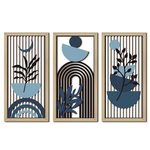 Set of 3 bohemian wooden wall arts featuring abstract leaf and geometric cutout designs
