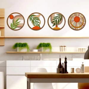 Set of four circular bohemian wooden wall art pieces with abstract botanical and geometric patterns