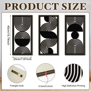 Detail view of modern black wooden wall art set with dimensions and hook specifications