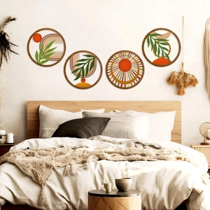 Bohemian Poplar Wood Wall Art Hollow Round Nature Sun Leaf Rainbow Decorative Hanging Plaques For Bedroom Living Room Home