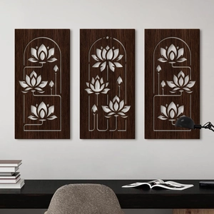 Three-piece modern lotus hollow carved wood wall art set in dark brown finish