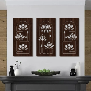 Three-piece laser-cut lotus wooden wall art panels in dark brown for home decor