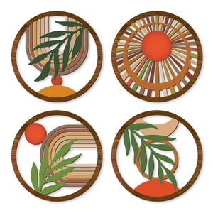 Set of 4 round bohemian wood wall art pieces with abstract sun and leaf layered patterns