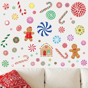 Christmas Candy Gingerbread Man Wall Stickers PVC Self Adhesive Window Decals For Home Fridge Holiday Decoration Multi Color
