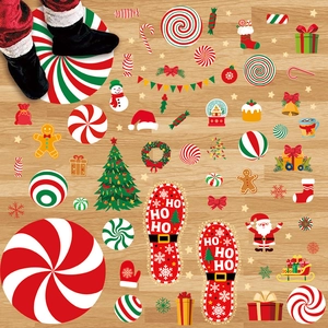 Christmas party floor stickers set with Santa and gingerbread man on wooden texture