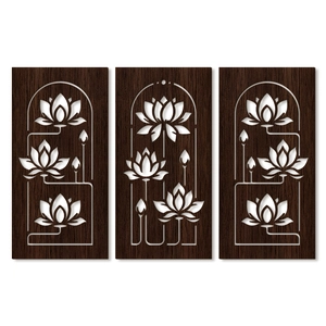 Three-piece hollow lotus wood wall art set with dark walnut finish and laser-cut patterns