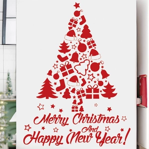 Red Christmas tree wall sticker with festive symbols and Merry Christmas text