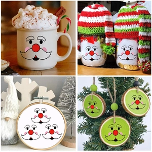 Detail of Christmas snowman face decals applied on a ceramic mug and festive holiday gift cans