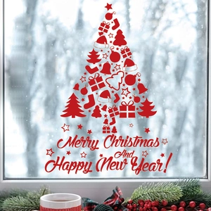 Red Christmas tree PVC window stickers with Merry Christmas greeting on frosty glass