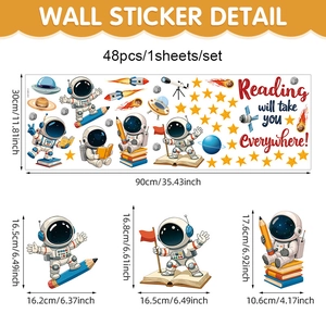 Detailed dimensions of astronaut wall stickers set including rocket and planet decals