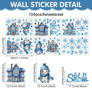 Detailed size specifications for 104pcs blue snowman and snowflake window stickers