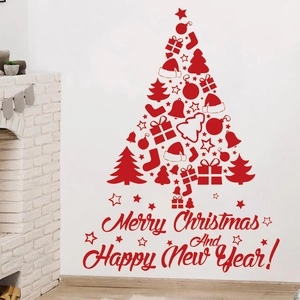 Christmas Tree Alphabet Wall Sticker PVC Red Black Self-Adhesive Window Decal For Living Room Home Holiday Party Decor