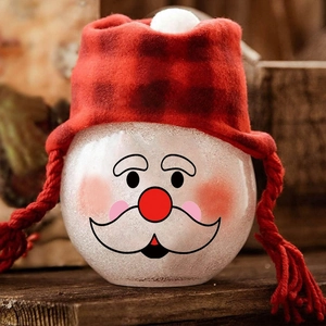 Close-up of a Christmas snowman face sticker on a sphere with a plaid hat detail
