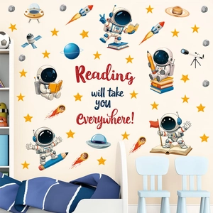 Astronaut themed wall stickers for kids room featuring rockets planets and stars