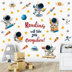 Astronaut space wall stickers with Reading will take you Everywhere quote for kids rooms