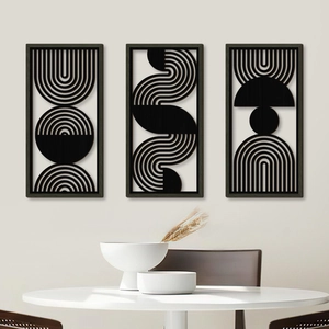 Set of 3 minimalist black geometric wood wall art panels with abstract hollow line designs