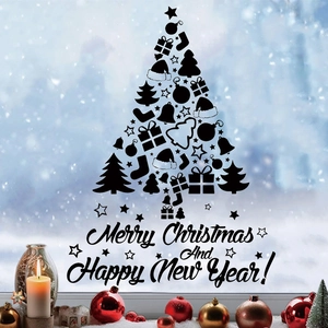 Merry Christmas tree silhouette window sticker with festive holiday gift and hat elements