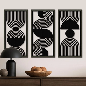 Modern abstract black wooden wall art set of 3 with geometric minimalist cutout designs