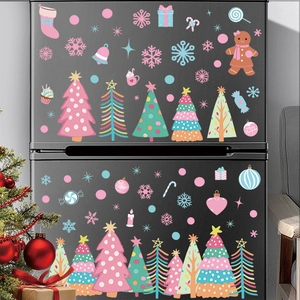 Rosa und blaue Weihnachtsbaum Fenstersticker mit Schneeflocken auf dunklem Grund