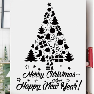 Detail of Christmas tree silhouette wall sticker with festive icons and holiday greetings