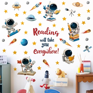 Astronaut space wall stickers for kids room with Reading Will Take You Everywhere quote