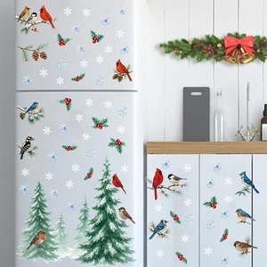 Christmas red cardinal and pine branch PVC wall stickers on white refrigerator