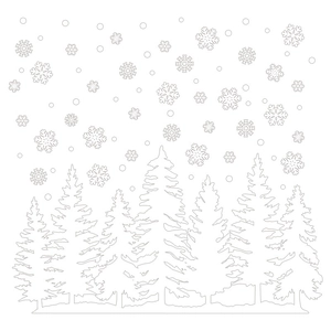 Christmas window decals featuring white snowflakes and pine forest silhouette design