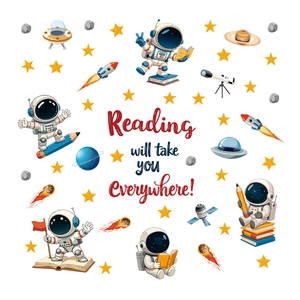 Astronaut wall stickers for kids room with reading theme and colorful space elements