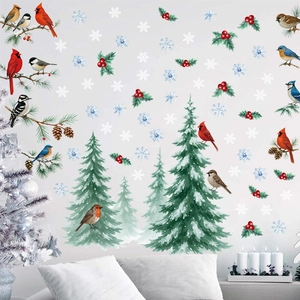 Christmas wall stickers with red birds, snowy pine branches and snowflakes for home decor