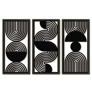 Three-piece modern black geometric wood wall art set with abstract cutout patterns