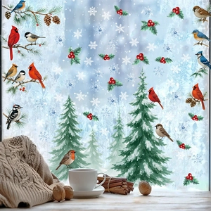 Christmas Window Clings PVC Waterproof Wall Stickers Red Cardinal Bird Snow Pine Snowflake DIY Winter Holiday Home Decor
