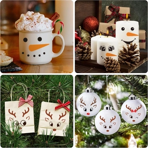 Christmas snowman face stickers applied on mugs, candles and gift bags for DIY holiday decor