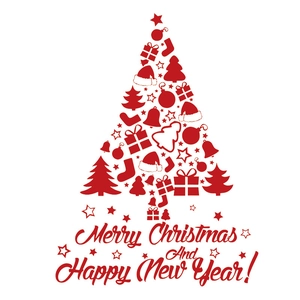 Red Christmas tree wall decal with festive icons and Merry Christmas greeting