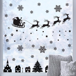 Merry Christmas black silhouette wall stickers featuring Santa sleigh and reindeer window decals