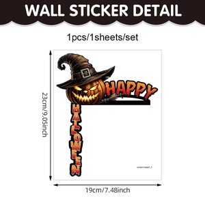 Halloween pumpkin wall sticker with wizard hat and Happy Halloween text, 23x19 cm