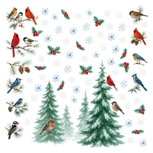 Christmas window stickers featuring red cardinals, blue jays, snowy pine trees and snowflakes