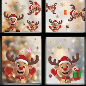 Weihnachten Fensteraufkleber Cartoon Rentier Schneeflocke Stern PVC Wandtattoo Glas Kühlschrank Festival Home Party Dekor