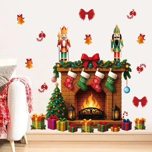 Christmas fireplace wall stickers with Nutcracker soldiers and decorated tree for home decor
