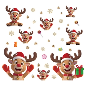 Weihnachts Wandaufkleber Set mit Comic Rentieren, goldenen Schneeflocken und Sternen