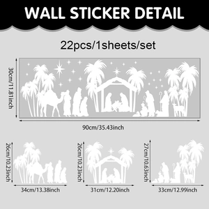 Detailed dimensions of white Nativity scene window stickers showing stars and camels