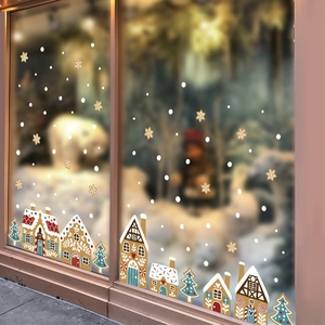 Gingerbread house and Christmas tree window stickers with snowflakes for festive decor