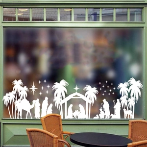 White Christmas nativity silhouette PVC window stickers with Jesus and stars on glass