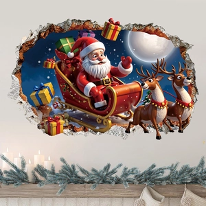 3D Christmas wall sticker with Santa and reindeer jumping from a broken wall