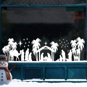 White Nativity Scene Static Window Clings Christmas Star Silhouette PVC Decals For Home Shop Glass Decoration Holiday Supplies
