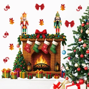 Christmas Wall Sticker PVC Self Adhesive Fireplace Nutcracker Soldier Gift Box Xmas Tree Home Festive Decoration Decal