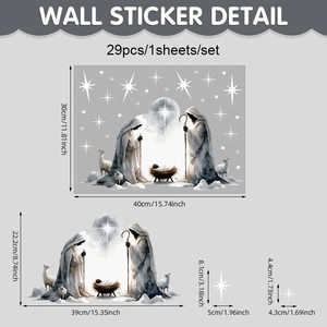 Detailed size specifications for 29pcs nativity scene Christmas static window decals