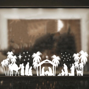 White vinyl Christmas Nativity Scene window stickers with Jesus, stars, and palm trees