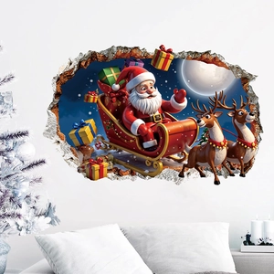 3D wall sticker featuring Santa Claus and reindeer breaking through wall for Xmas decor