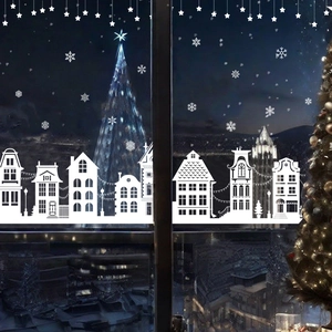 Christmas window stickers with white snow house and snowflake silhouette decorations