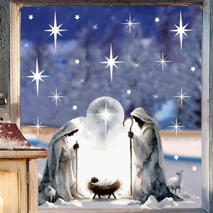 Nativity scene Christmas window static cling with white silhouette stars and manger scene